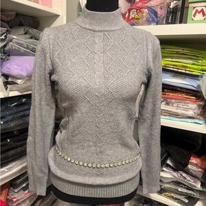 Gray Cable Knit Sweater with Embellished Waist